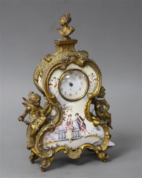 A late 19th century Austrian ormolu and enamel miniature timepiece, height 14cm